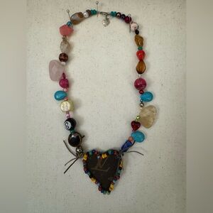 Colorful Beaded Heart Necklace LV up cycled